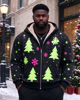 Large Size Men's Autumn And Winter Warm Fleece-lined Cold-proof Christmas Black Green Christmas Tree Printed Casual Jacket Hooded Jacket