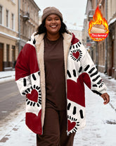 Women's Red And White Contrast Loving Heart Printed Velvet Thickened Long Hooded Coat