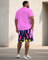 Big & Tall Men' Pink Graffiti Simple Jacket "KING" Slogan Printed Short Sleeve T-Shirt Shorts Set