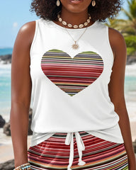Colorful Striped Love Matching Women's Large Size Vest Shorts Set
