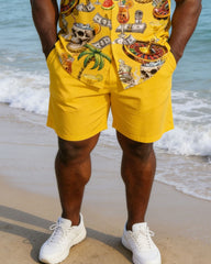 Plus Size Men's Yellow Carnival Party Vacation Skull Hawaiian Print Short Sleeve Shirt Shorts Set