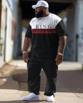 Men's Big and Tall Hip-Hop Street King Color Block Retro Casual Two Piece Set