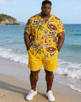 Plus Size Men's Yellow Carnival Party Vacation Skull Hawaiian Print Short Sleeve Shirt Shorts Set