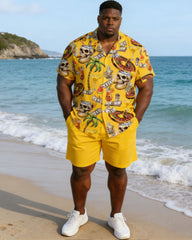Plus Size Men's Yellow Carnival Party Vacation Skull Hawaiian Print Short Sleeve Shirt Shorts Set