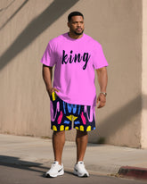 Big & Tall Men' Pink Graffiti Simple Jacket "KING" Slogan Printed Short Sleeve T-Shirt Shorts Set