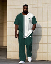 Big & Tall Men's White & Green Contrast Stripe Stitching Chest Pony Label Printed Short Sleeve T-shirt Pants Set