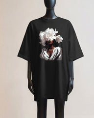 Black White Floral Women's T-Shirt Large Size