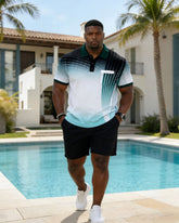 Large Size Men's Linear Gradient Geometric Business Polo Shirt Short Sleeve Shorts Set