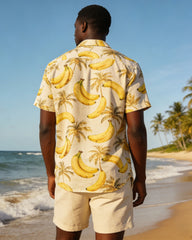 Large Size Men's Hawaiian Holiday Banana Coconut Pattern Printed Short Sleeve Shirt Shorts Set