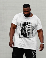 Big & Tall Men's Lion Monochrome Printed Chest Short Sleeve T-Shirt Pants Set