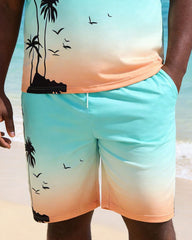 Hawaiian Gradient Color Plant Atmosphere Silhouette Vacation Casual Vest Shorts Set Large Size Men