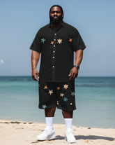 Big Men's Street Fashion Splicing Color Block Starts Printed Short Sleeve Shirt Shorts Set