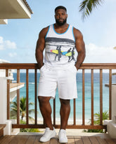 Men's Big & Tall White Seaside Printed Vest Shorts Set