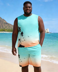 Hawaiian Gradient Color Plant Atmosphere Silhouette Vacation Casual Vest Shorts Set Large Size Men