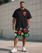 Big & Tall Men' Colorful Skull Chest Printed Short Sleeve T-Shirt Shorts Set