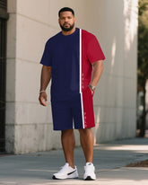 Men's Large Size Color Contrast Simple Short Sleeve Shorts Set