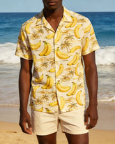 Large Size Men's Hawaiian Holiday Banana Coconut Pattern Printed Short Sleeve Shirt Shorts Set
