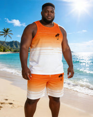 Hawaii Orange & White Gradient Collective Line Chest Coconut Tree Silhouette Print Vacation Party Carnival Vest Shorts Set Large Size Men