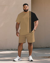 Men's Large Size Khaki Casual Short Sleeve Shorts Set