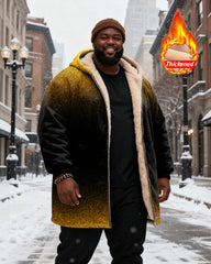 Big & Tall Men's Black And Yellow Grain Gradient Printing Velvet Padded Long Hooded Coat