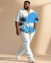 Big & Tall Men's Hawaii Blue Sky Clouds Coconut Tree Print Short Sleeve Shirt Pants Suit