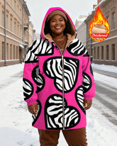Women's Pink Striped Lip Printed Velvet Thickened Long Hooded Coat