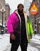 Big & Tall Men's Pink Green Gradient Printed Velvet Thickened Long Hooded Coat