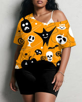 Women's Big & Tall Halloween Pumpkin Ghost Graffiti Print Short Sleeve Shorts Suit