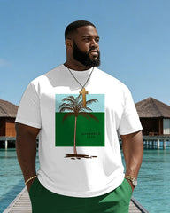 Big & Tall Men's Color-blocked Coconut Trees Print Crewneck Short Sleeve T-Shirt Shorts Set