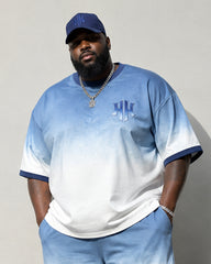 Big & Tall Men's Blue And White Gradient Printed Crew Neck Short Sleeve T-shirt Shorts Set