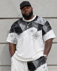 Big & Tall Men’s Distressed Denim Patchwork Compass Star Chart Printed Crew-Neck Short-Sleeve T-Shirt And Shorts Set