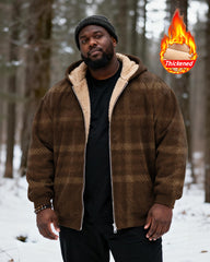 Big & Tall Men's Retro Brown Plaid Printed Velvet Thickened Zipper Hoodie