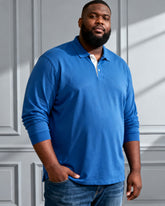 Men's Large Size Four Seasons Blue Neckline Business Color Matching White Pullover Button Stretch POLO Long Sleeve Shirt