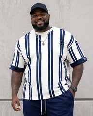 Big & Tall Men's Navy Blue Vertical Stripe Printed Round Neck Short Sleeve T-shirt Shorts Set