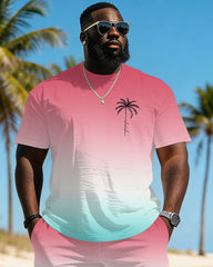 Big & Tall Men's Pink Gradient Hawaii Print Crewneck Short Sleeve T-Shirt Shorts Set