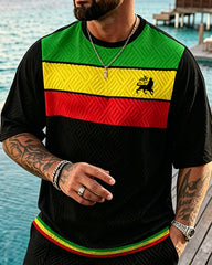Big & Tall Men's Reggae Striped Lion Print Crewneck Short Sleeve T-Shirt Shorts Set