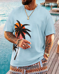 Big & Tall Men's Bohemian Coconut Tree Print Crewneck Short Sleeve T-Shirt Shorts Set