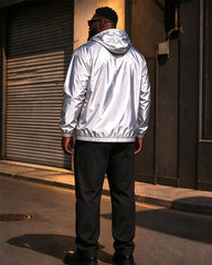 Large Size Men's Reflective Clothes Hooded Windproof Bright Silver Jacket Spring And Autumn Casual Jacket/Reflective Riding Jacket/Halloween Night Reflective Jacket