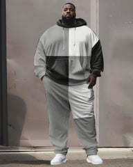 Men's Street Fashion Black Grey Colorblock Plus Size Hoodie Suit