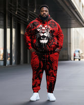 Men's Large Size Vintage Lion Graffiti Hoodie and Sweatpants Two Piece Set