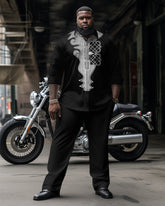 Men's Plus Size Ethnic Silver Pattern Long Sleeve Shirt Two-Piece Set