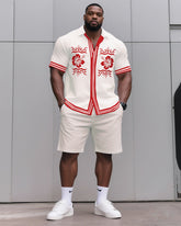 Big & Tall Men's Daily Casual Creamy-white Red Edge Creative Floral Shirt Shorts Suit
