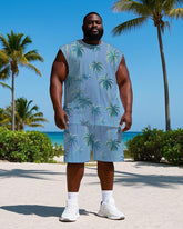 Men's Big Size Simple Tropical Coconut Trees Printed Hawaiian Vest and Shorts Set