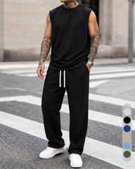 M-8XL Men's Texture Fabric Vest Straight Casual Pants Sports Two-piece Set