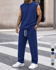 M-8XL Men's Texture Fabric Vest Straight Casual Pants Sports Two-piece Set