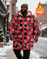 Big & Tall Men's Red And Black Plaid Snowflake Printed Velvet Thickened Long Hooded Coat