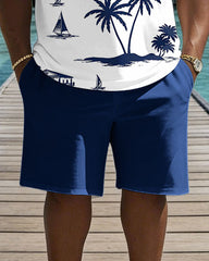 Big & Tall Men's Hawaiian Coconut Tree Cruise Ship Print Crewneck Short Sleeve T-Shirt Shorts Set