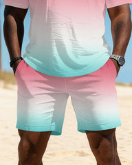 Big & Tall Men's Pink Gradient Hawaii Print Crewneck Short Sleeve T-Shirt Shorts Set