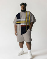 Men's Plus Size Daily Casual Khaki Striped Print Short Sleeve T-Shirt Shorts Suit