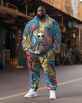 Men's Large Size Tracksuit Skull Graffiti Hoodie and Pants Set